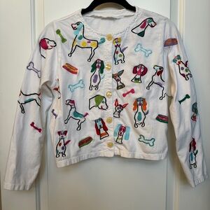 MICHAEL SIMON M Cotton Cartoon Dog Illustration Embroidered CARDIGAN No Tag!!